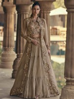 Light Brown Real Chinon Silk Koti Style Lehenga Choli